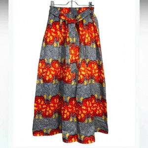 Maxi long SKIRT BLACK RED TELLOW PRINT BELTED SIZE SMALL
